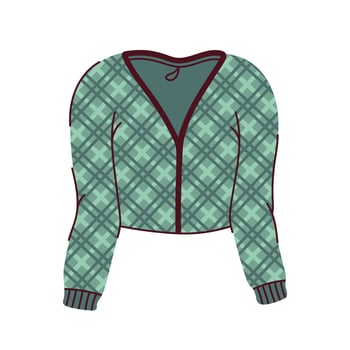 Green sweater illustration. Warm soft checkered cardigan, stylish outfit. Cozy knitwear for fashion design, clothing catalog, seasonal promotions. Hand drawn flat clipart, isolated on white vector
