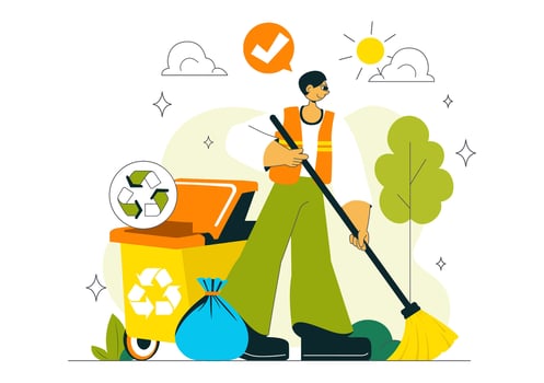 Person cleaning with recycling bin vector