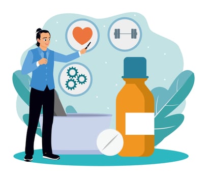 Health expert with medication and fitness icons vector