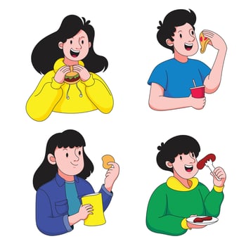 Illustration of happy people eating burger pizza chips and sausage in a casual style showing fast food lifestyle tasty meals friendship fun and colorful modern design vector
