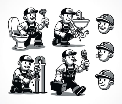 Plumber is repairing toilet, sink and pipe. Retro cartoon, suitable for business and symbol vector