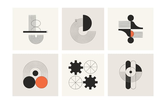 Geometric Abstract Art Collection Minimalist Designs with Circles, Lines, and Shapes in Black, White, and Orange for Modern Wall Art vector