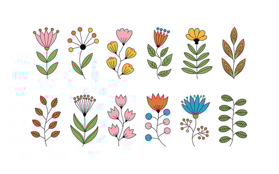Colorful Floral Illustration Whimsical Flower and Leaf Collection for Spring Designs, Botanical Art, and Cute Graphic Elements for Creative Projects vector