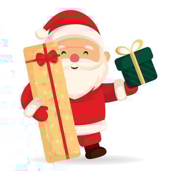 Christmas cute Santa Claus holds two gifts in a gold wrapper with stars and in a green vector