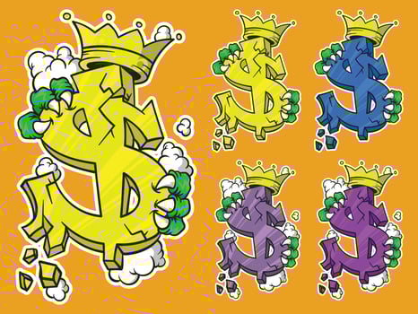 a set of four different colored dollar signs with crowns vector