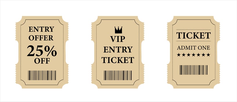 Entry ticket collection with offer, VIP, and admit passes vector