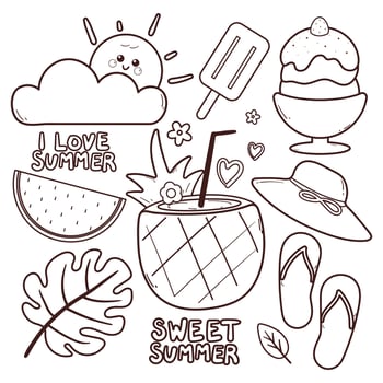 set of summer element drawing cartoon for coloring page or coloring book vector
