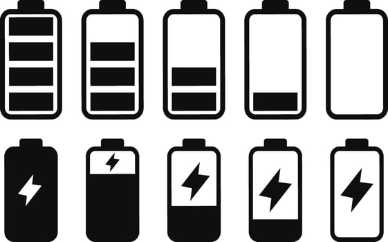 set of Battery level icon set showing charging, Concept power, energy, low, element, vector