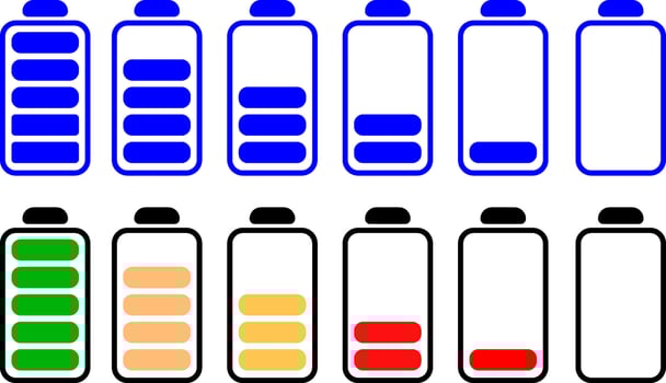 Battery level icon set showing charging, Concept power, energy, low, element with lightning charging sign, vector