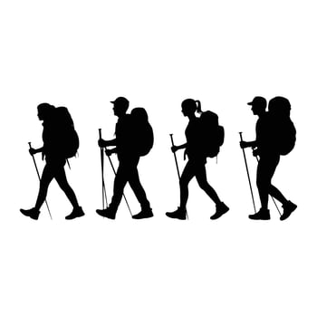 Hikers with backpacks and poles trekking poles walking vector
