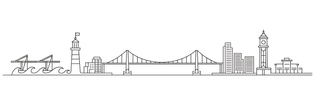 Cityscape Panorama with Bridge and Lighthouse Line Art on White Background skyline vector