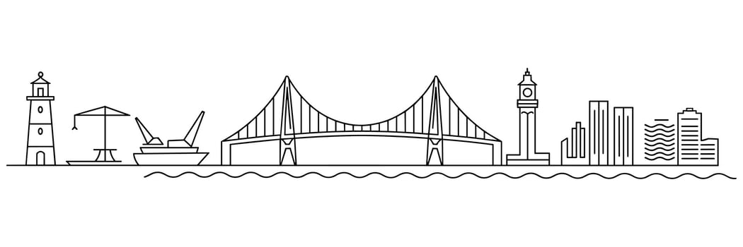 Minimalist Line Art Cityscape with Bridge and Lighthouse on White Background skyline vector