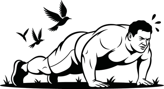 Man doing push-ups with birds flying around exercise vector