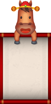 Chinese new year of 3d cartoon character horse holding a traditional paper scroll png