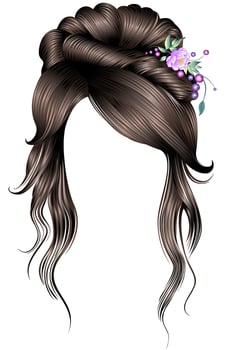 women's elegant curly hairs with flower decoration.brown brunette colors vector