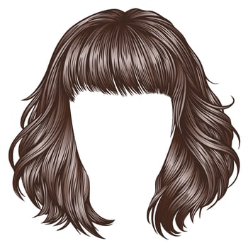 trendy woman disheveled hairs kare with fringe . dark brown brunette color . medium length . beauty style vector