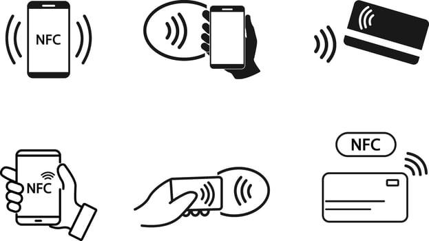 NFC payment Icon Set with Smartphones and Cards with Signal Wave vector