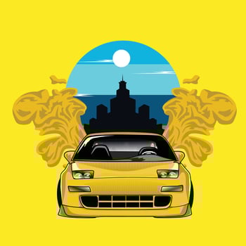 Yellow car with city skyline background vector