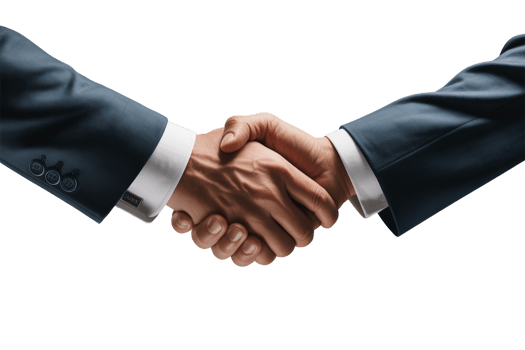 Two businessmen in suits shaking hands in a gesture of agreement against a transparent background png