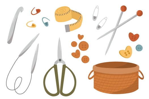 Needlework. Various sewing tools. Needles, scissors, buttons. Hand drawn colored set. Cartoon style, flat design. All elements are isolated vector