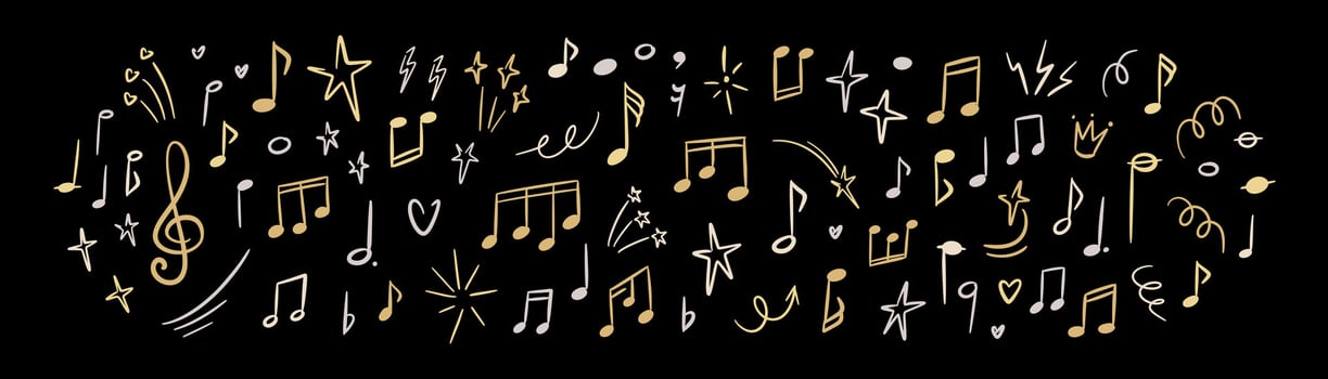 Handwriting golden and silver music notes, keys, symbols, sheet, treble clef drawing on the black chalkboard. Luxury musical festival background vector
