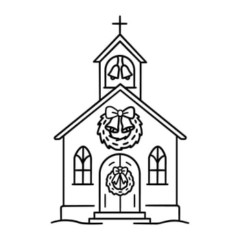 A Black and White Line Art Icon of a Church Decorated with Christmas Wreaths, Bells, and Snow, Ideal for Holiday and Religious Designs vector
