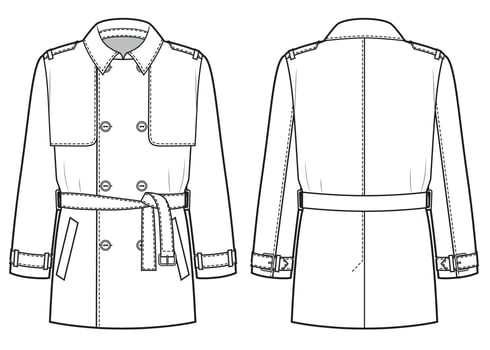 Classic Mans Trench Coat with a belt, fashion flat template vector