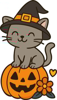 Happy cartoon cat wearing witch hat sits atop a smiling jackolantern pumpkin vector