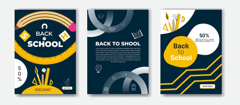 Kids Back to school sale banner with colorful flat design stationery and discount Number. Perfect for promoting educational supplies, books, and shop now button vector
