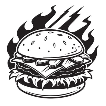 Bold Black and White Graphic Hamburger Illustration with Dripping Sauce and Stylized Flames vector