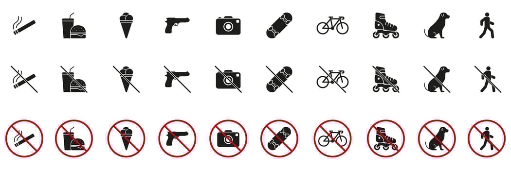 Prohibited Activities And Items Solid Icon Set. No Smoking, Eating, Weapons, Photography And Walking Silhouette Symbol Collection. Public Space Restrictions. Isolated Illustration vector
