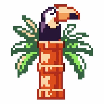 Toucan bird perched atop bamboo stump with lush green leaves retro pixel art animal, tropical jungle wildlife illustration vector