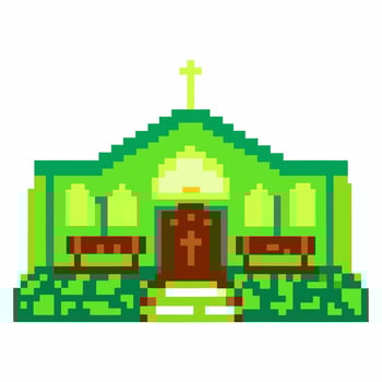 Green pixel art church building with cross, bushes, and central entrance digital retro religious architecture illustration vector