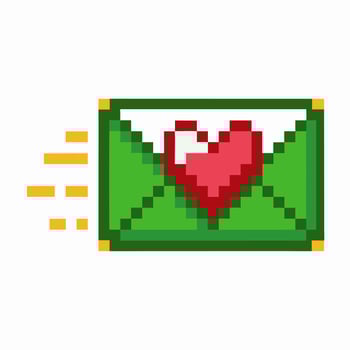 Pixel art email envelope with red heart symbol, message of love and affection, digital communication, retro icon vector