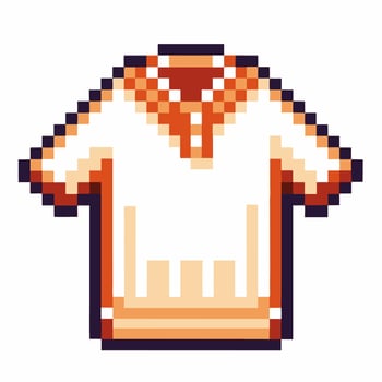 Retro pixel short sleeve shirt icon with orange collar classic 8 bit clothing symbol, isolated fashion illustration vector
