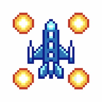 Pixel art spaceship shooting retro arcade game blue rocket with fire blasts, isolated white background, 8 bit vector