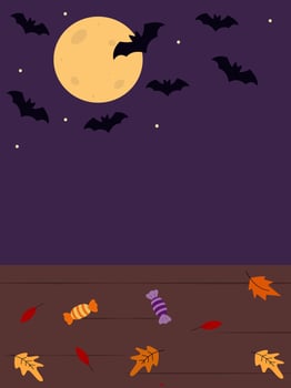 Halloween Backdrop with Autumn leaves and Candies on wooden Full moon and Bats on purple Copy space. Isolated illustration Halloween Thematic Background Party invite Ads Banner, leaflets, price vector