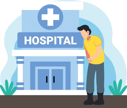 Sick patient standing in front of hospital illustration vector