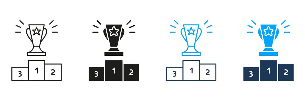 Trophy On Podium Line And Solid Icon Set. Achievement, Success, And Competition Recognition Symbol Collection. Award Ceremony And Victory Celebration. Isolated Illustration vector
