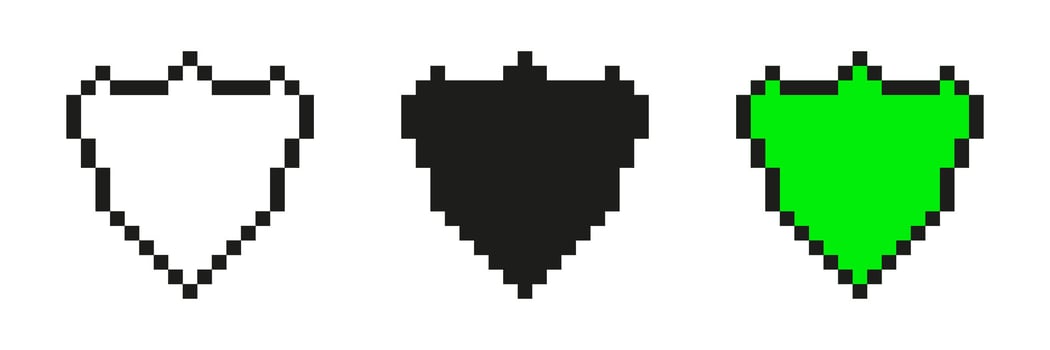 Pixel Art Shield Icon Set. Protection And Security Symbols In Pixelated Style. Includes White, Black, And Green Variations. Isolated Illustration vector