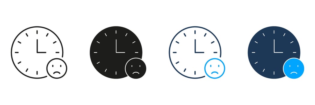 Clock With Sad Face Line And Solid Icon Set. Time Management Stress And Emotional Well-Being Symbol Collection. Overwork And Burnout Concept. Isolated Illustration vector