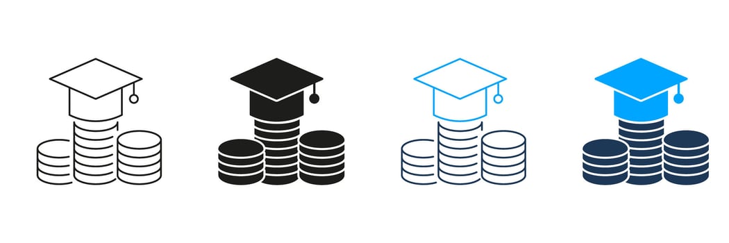 Graduation Cap On Coins Line And Solid Icon Set. Education Funding, Scholarship, And Financial Aid Symbol Collection. Academic Investment And Tuition Savings. Isolated Illustration vector