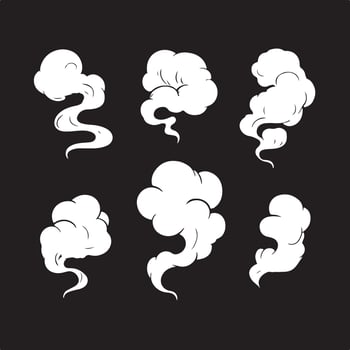 Collection of six white smoke clouds on a black background for designs vector