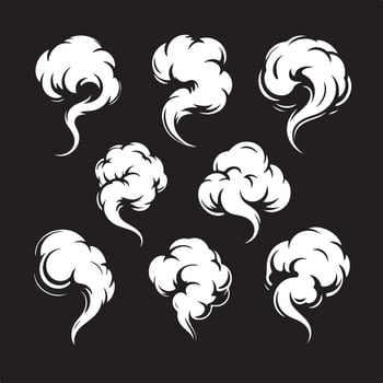 Collection of white smoke puffs and clouds isolated on white background vector