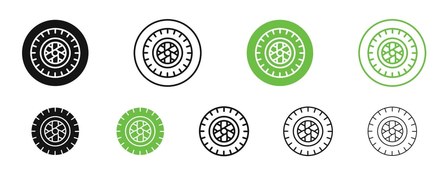 Tire icons in black and green colors collection vector