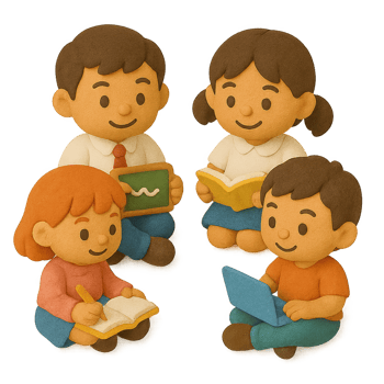 A happy family of four claymation characters studying with books a laptop and a chalkboard. png