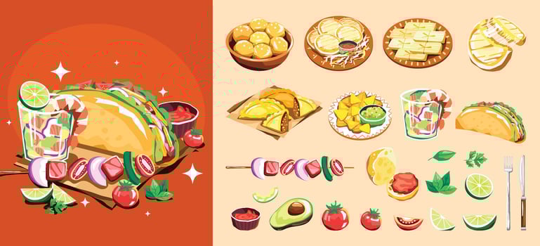 Illustration of tacos and appetizers vector