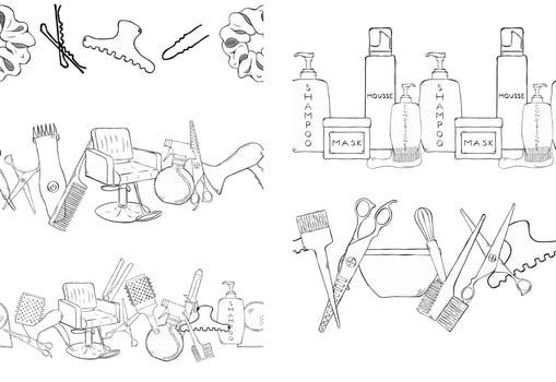 hair cut barber salon Seamless horizontal border set of sketch equipment for styling and hair care. graphic line ink template illustration. Place for your text, logo vector