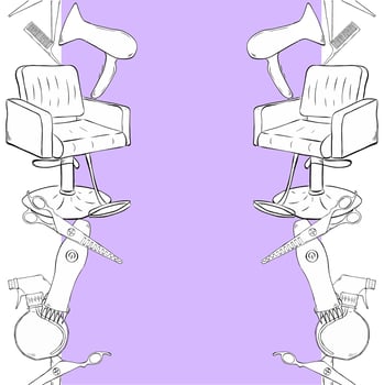 Hair salon objects, symbols and items frame template seamless vertical border. graphic line ink illustration. Banner, poster, wrapping paper, sticker, print, modern textile design. vector