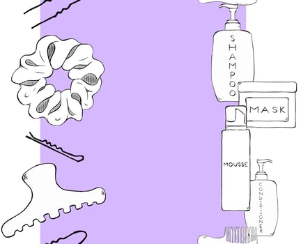 Cosmetics containers bottles and hair clips with spray, dispenser and dropper, cream jar Salon seamless vertical border frame template. graphic line ink illustration. For logo, web vector